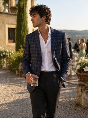 Italian Wool Blue Plaid Blazer Windowpane Tailored Sport Coat R40